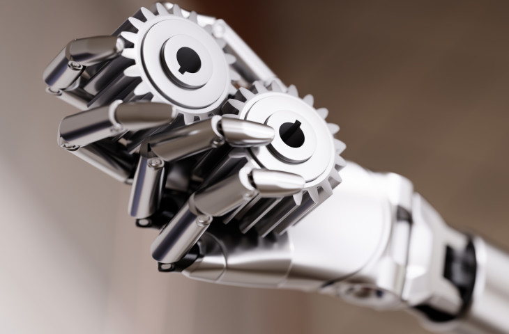 Robot Hand with Gearwheels Automation Concept 3d Illustration Close-up