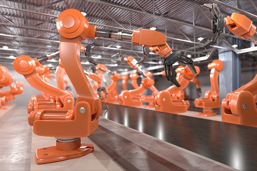 Industry 4.0 concept. Robotic arms in factory. 3D rendered illustration.